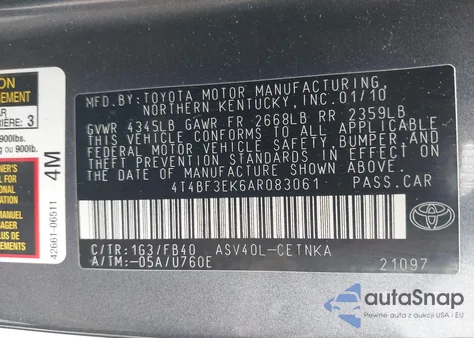 2010 Toyota Camry Le из США, поврежденный, VIN 4T4BF3EK6AR083061